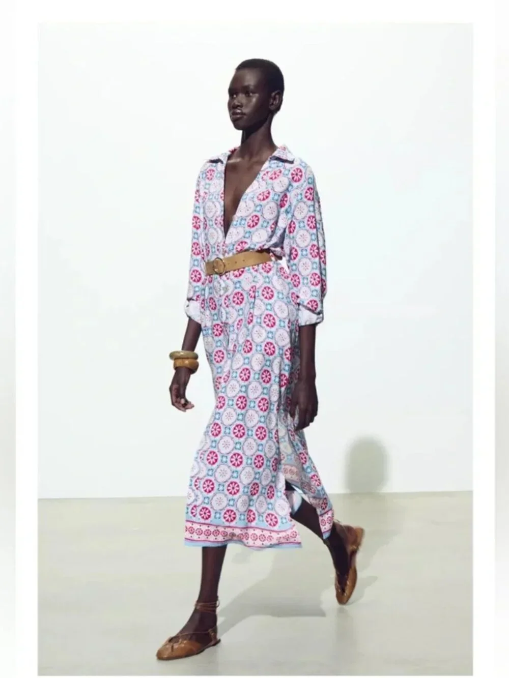Zara Printed Belted Midi Dress